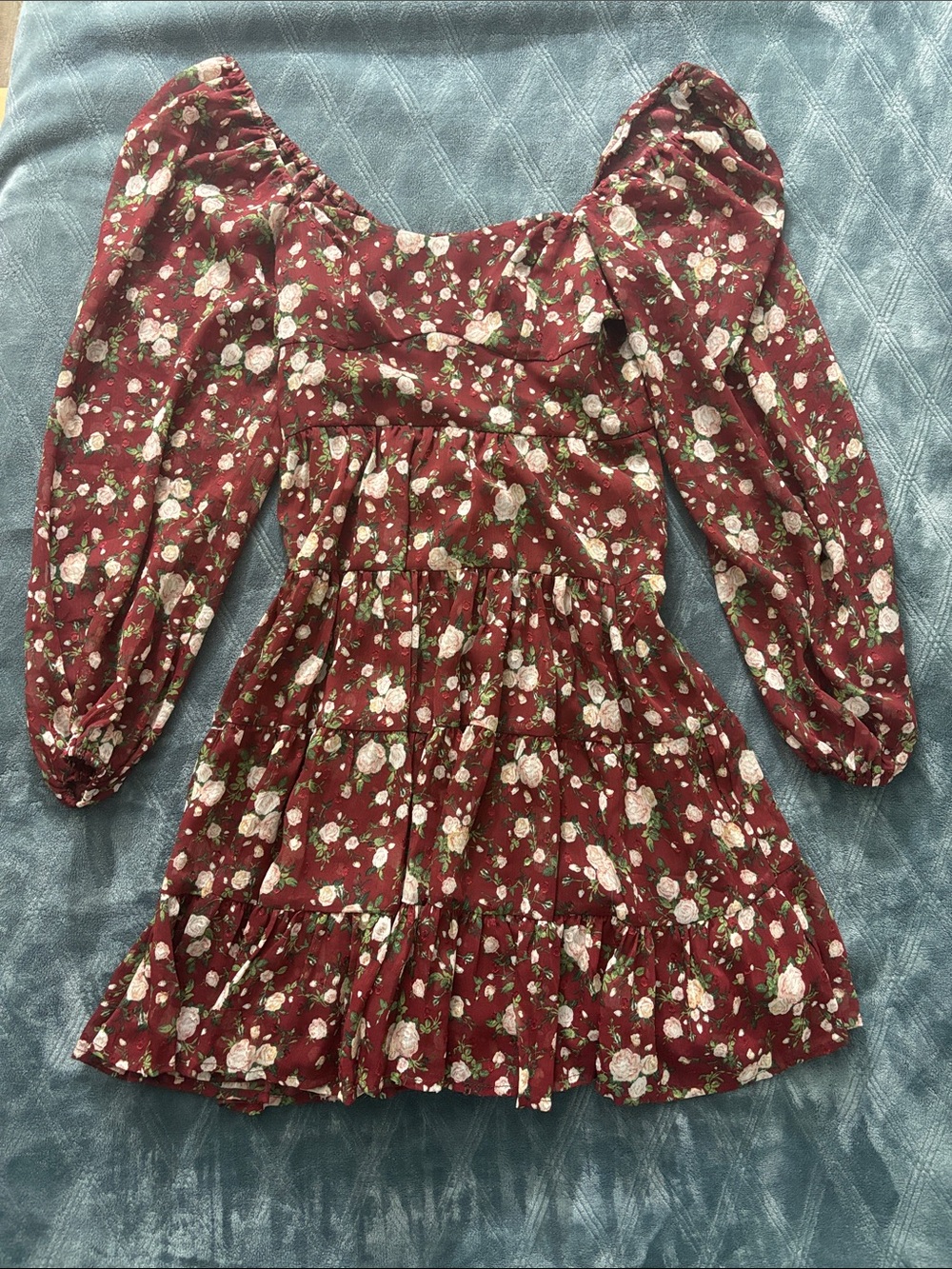 Altar'd State Burgundy Floral Puff-Sleeve Tiered Dress